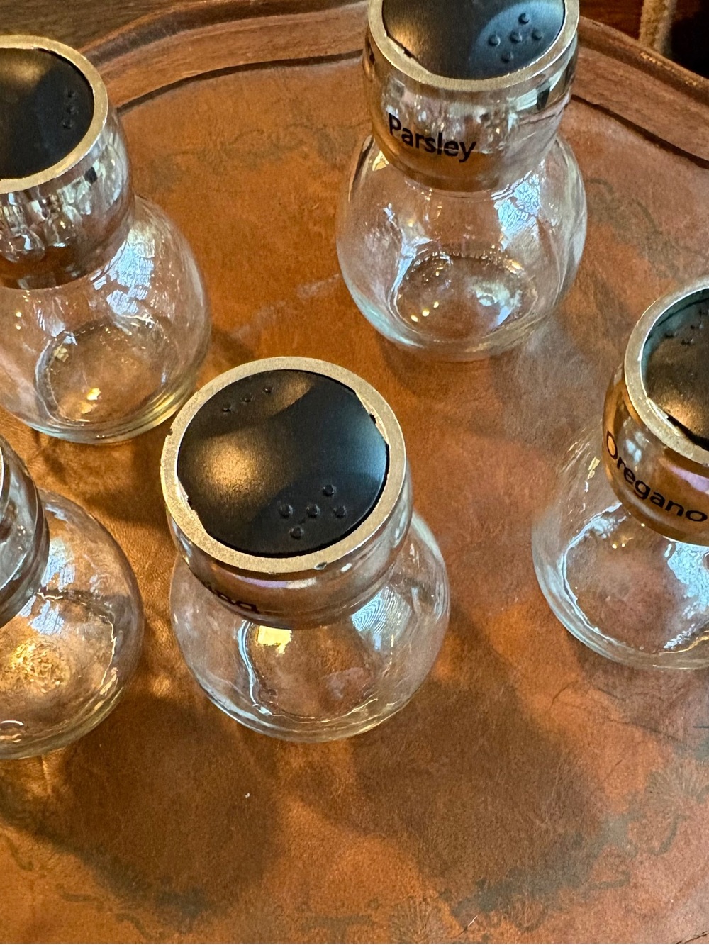 Vintage Glass Spice Jars Set of 5 Silver Tone Shaker Lids Kitchen Decor